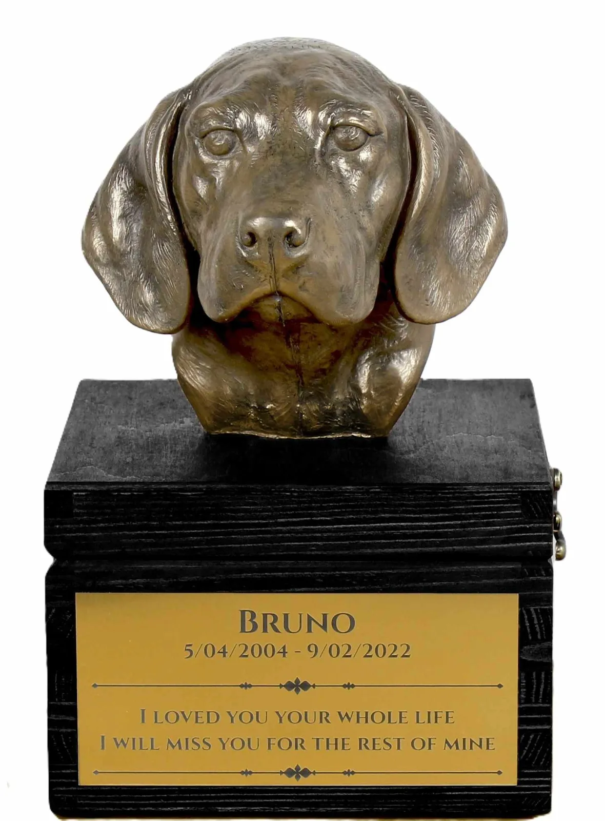 Beagle urn met gravure en hondensculptuur, handgemaakt kunstwerk