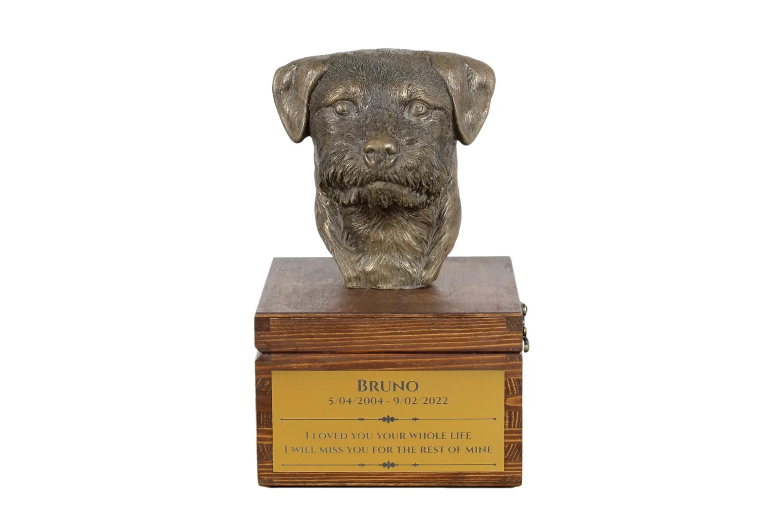 Border Terrier urn met beeldje – persoonlijke urn voor hondenas.