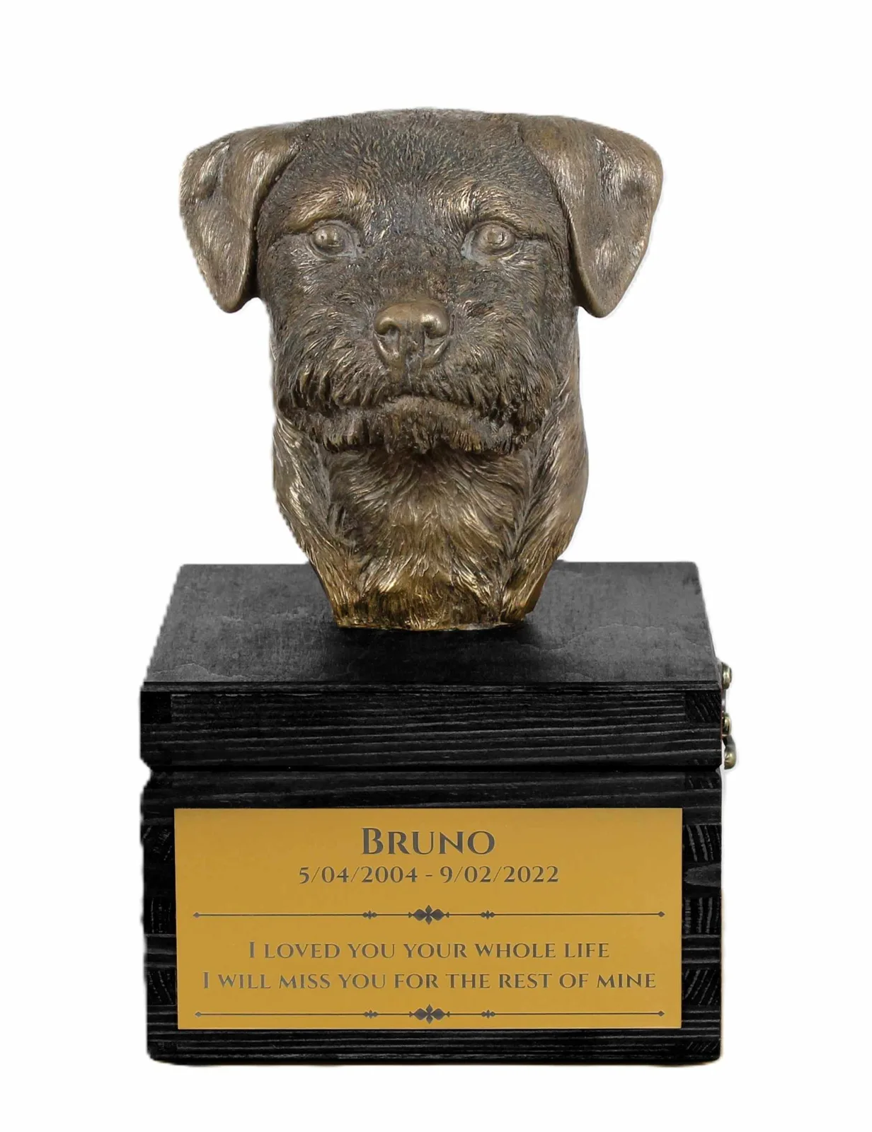 Border Terrier urn met gravure en hondensculptuur, handgemaakt.