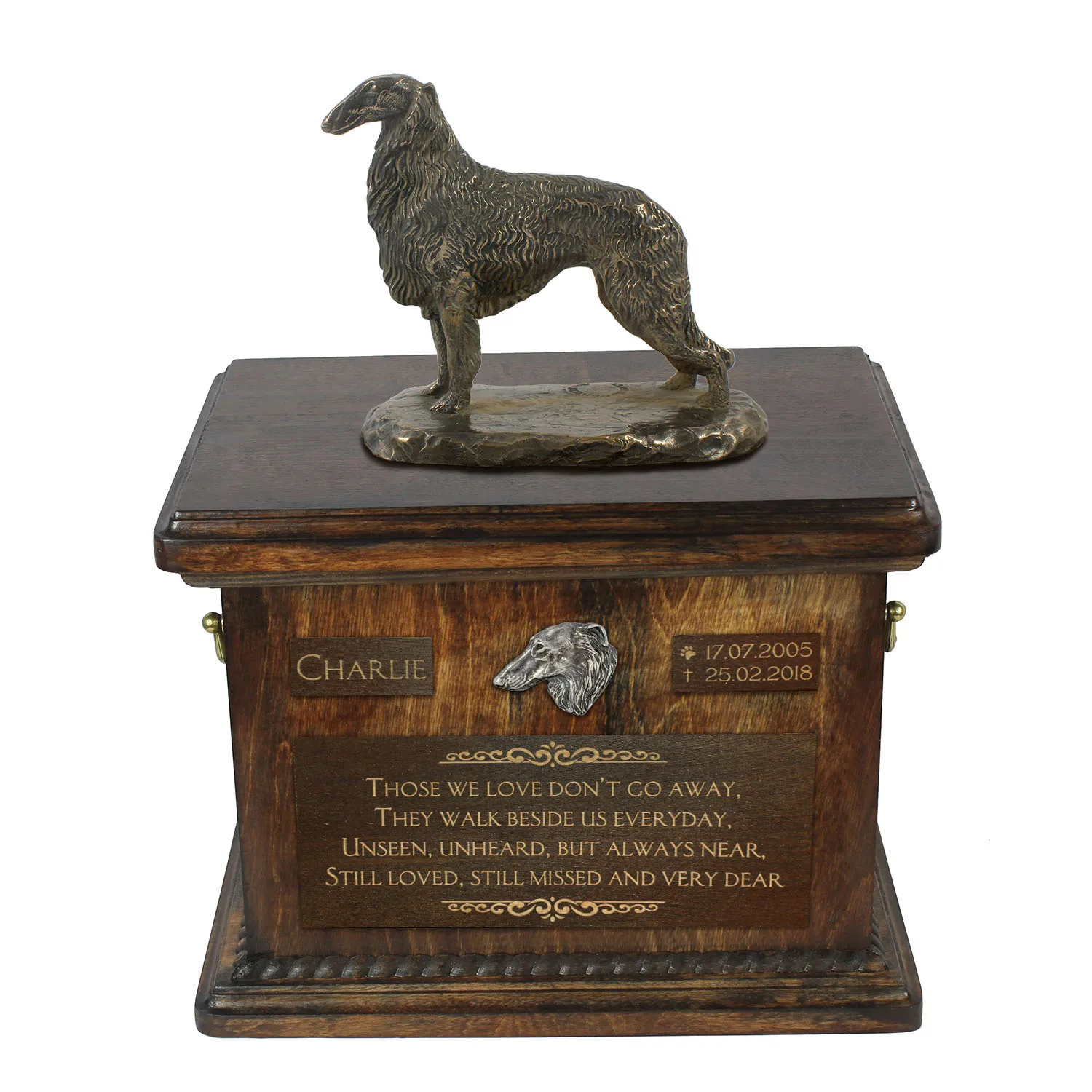 Borzoi urn met standbeeld – gepersonaliseerde urn voor hondenas