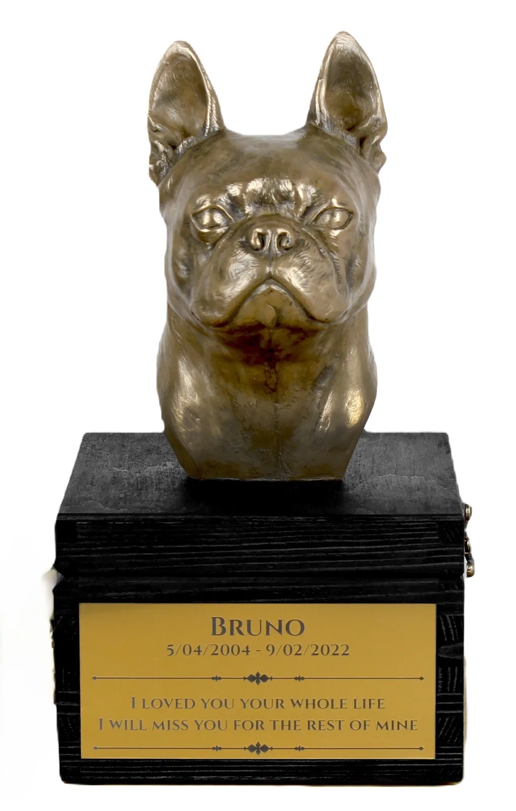 Boston Terrier urn met gravure en hondensculptuur, handgemaakt.