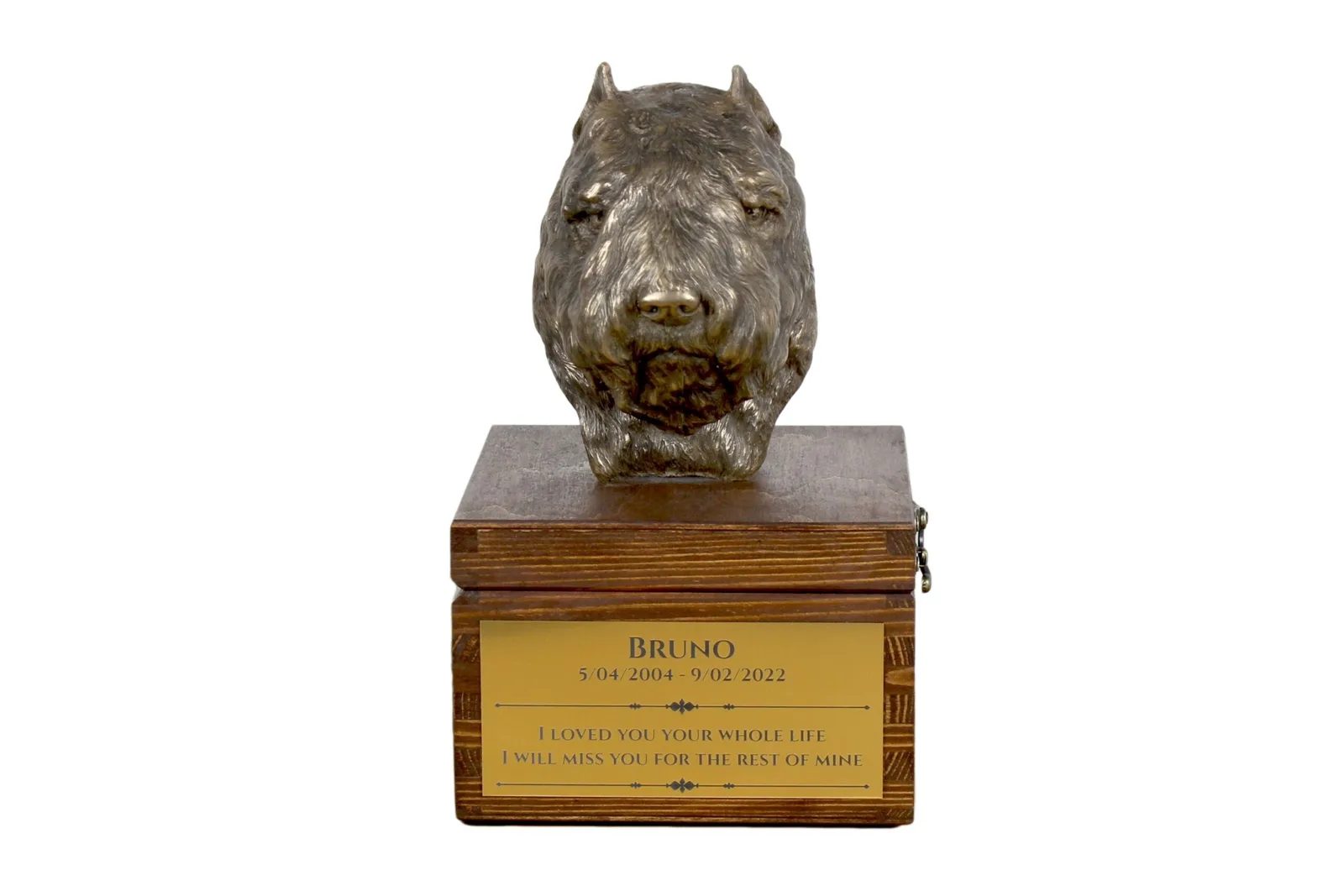 Bouvier des Flandres urn met beeldje voor hondenas, gepersonaliseerd