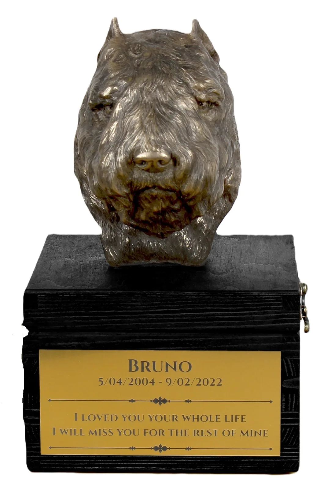 Bouvier des Flandres urn met gravure en hondensculptuur, handgemaakt