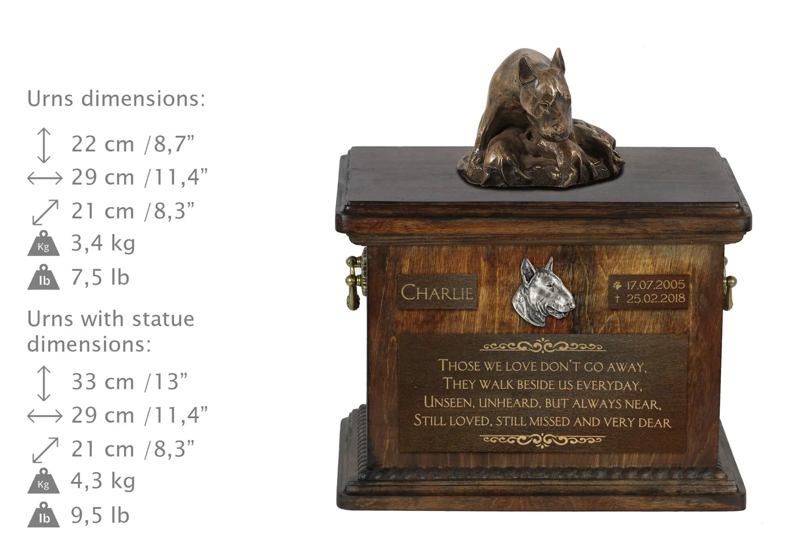 Bull Terrier VIII – gepersonaliseerde urn met beeldje voor hondenas — foto 3