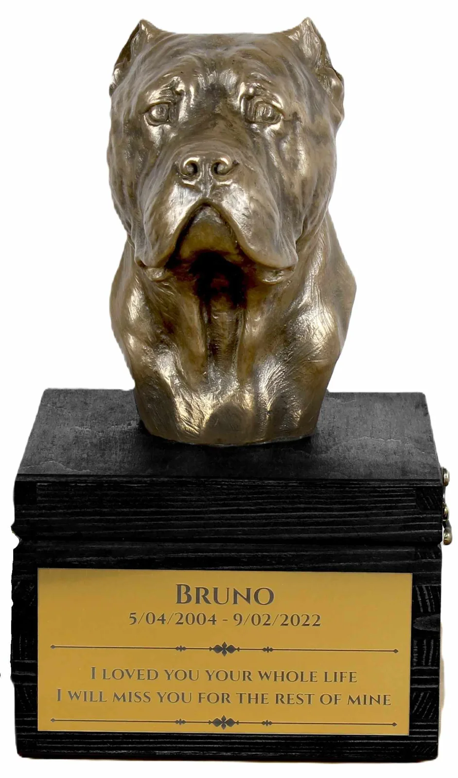 Cane Corso urn met gravure en hondensculptuur, handgemaakt kunstwerk
