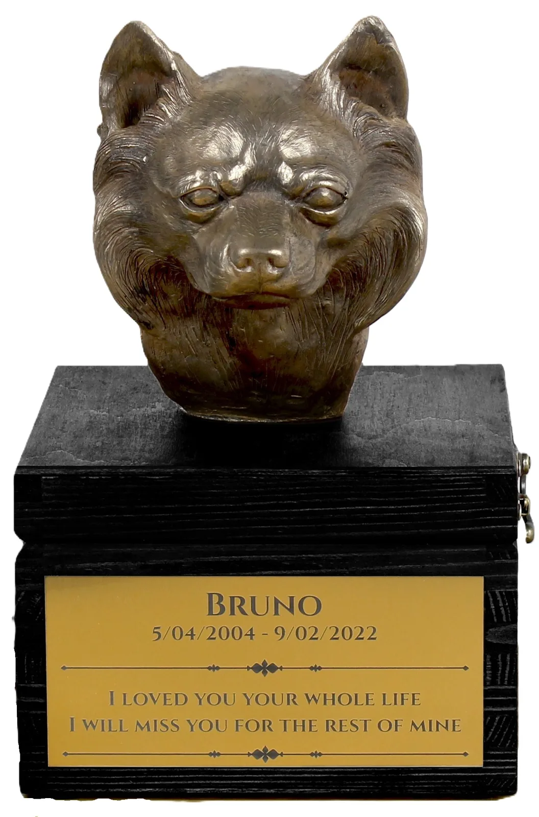Chihuahua langharig – urn met gravure en hondensculptuur, handgemaakt