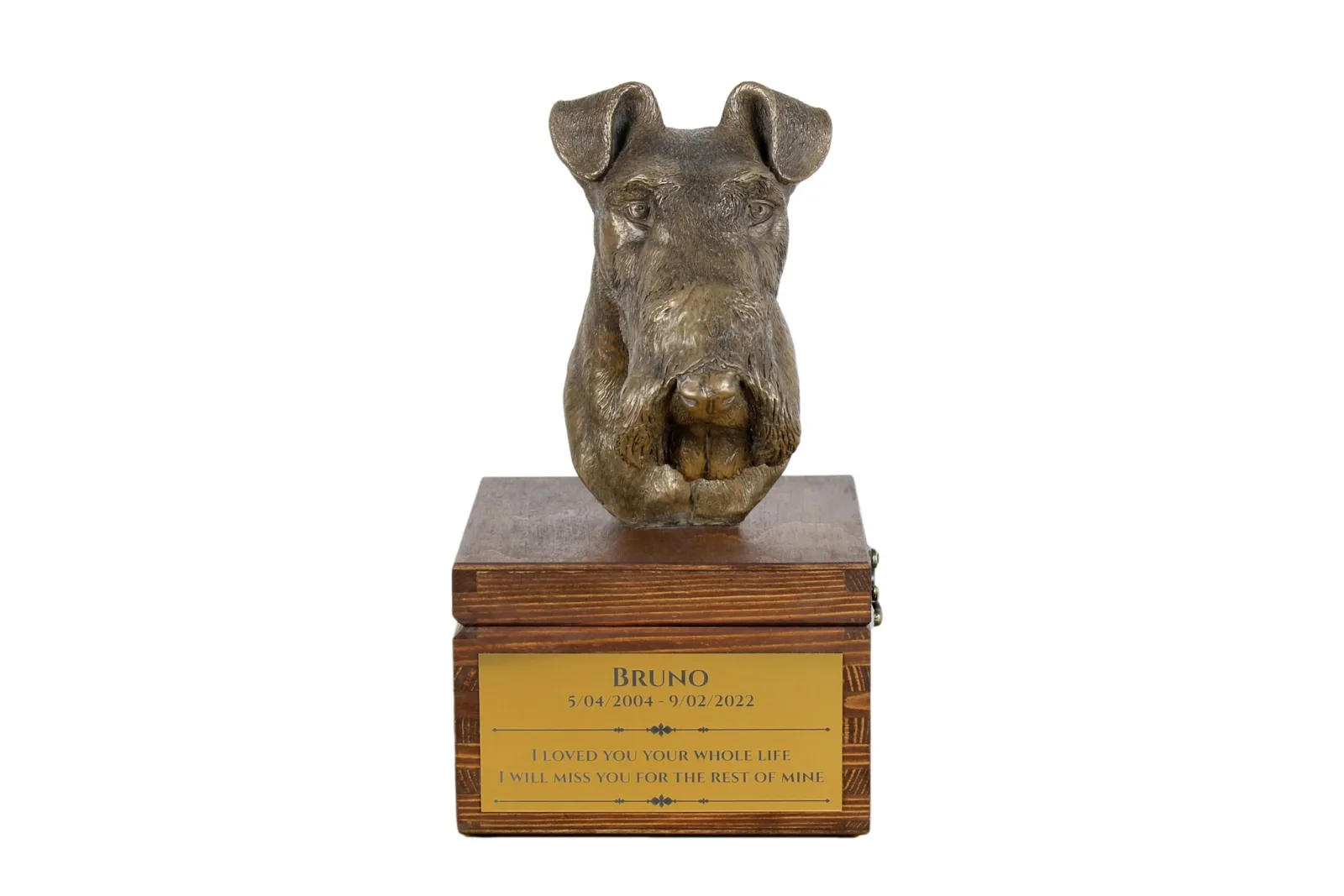 Draadhaar Fox Terrier urn met beeldje – persoonlijke hondenurn