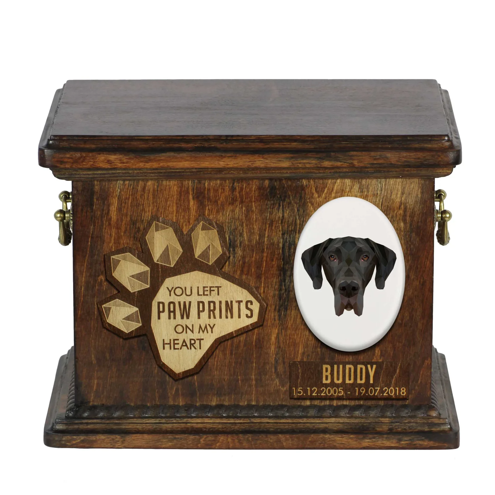 Duitse Dog – gepersonaliseerde urn voor hondenas met gravure en herinneringsdoos