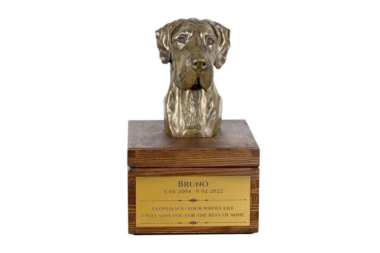 Duitse Dog II – urn voor hondenas met beeldje, gepersonaliseerde urn