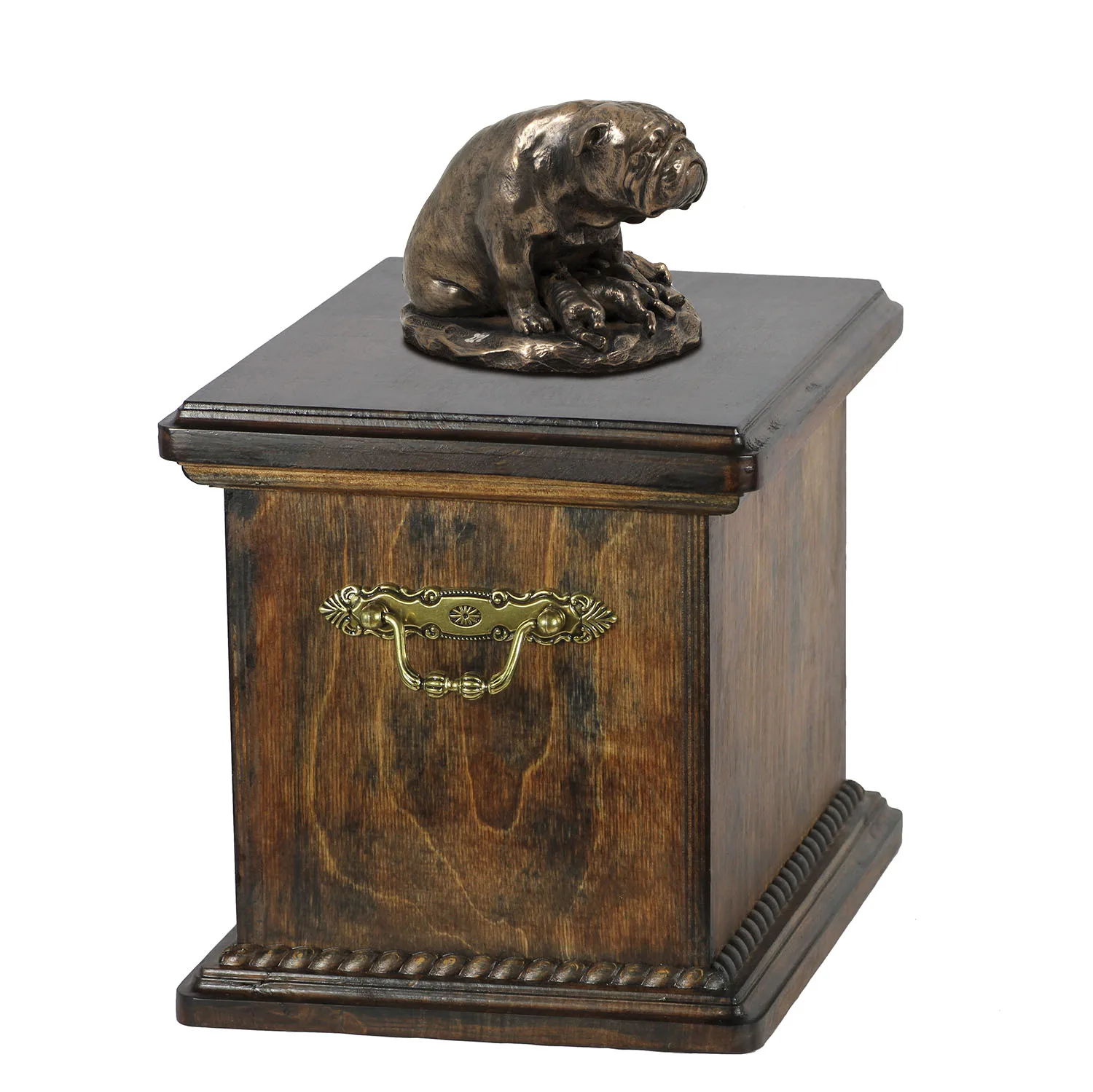 Elegante urn voor bulldog as met beeldje in klassieke stijl