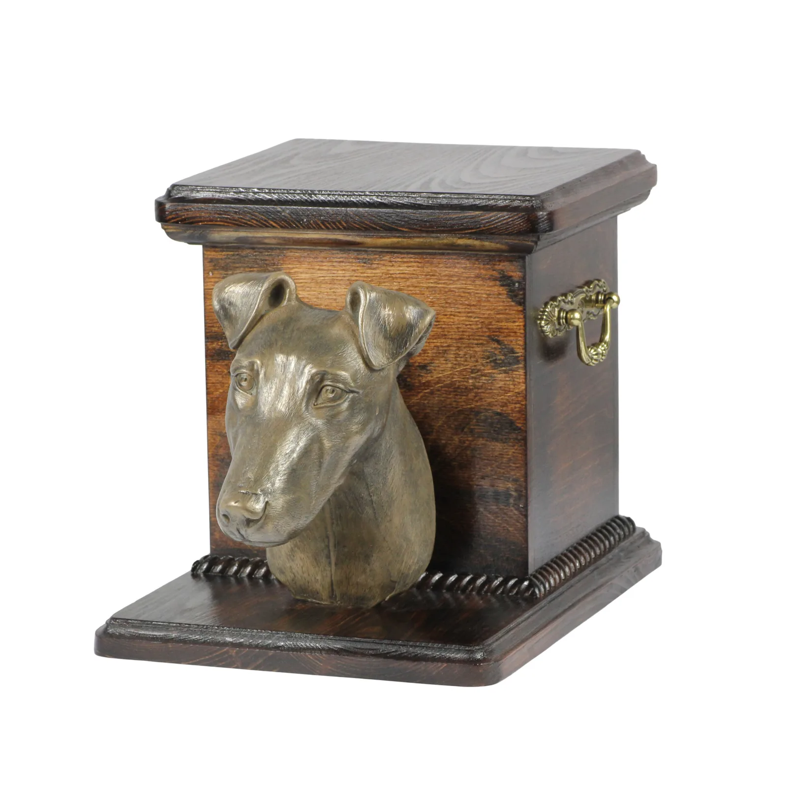 Elegante urn voor Fox Terrier met hondenbuste voor asbewaring