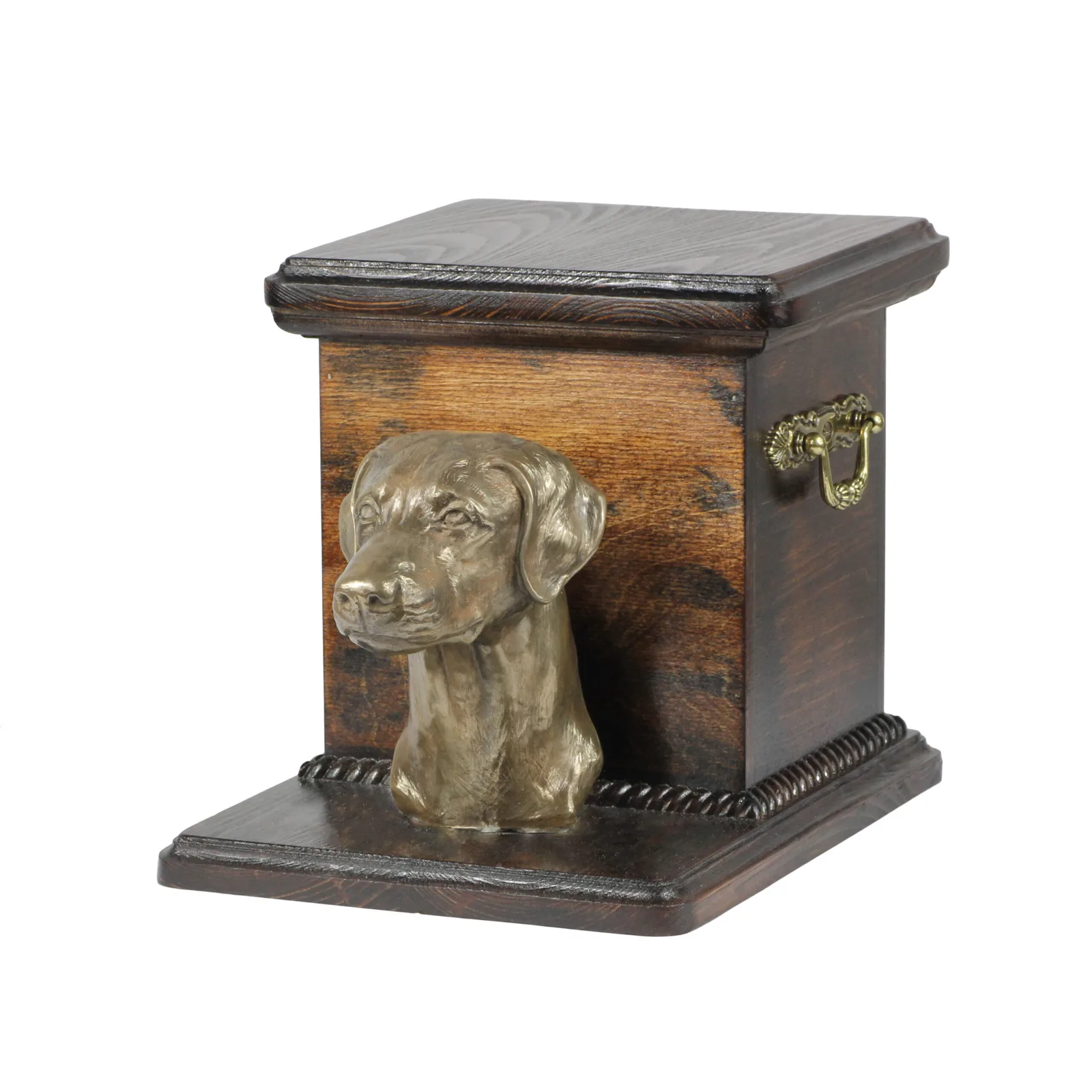 Elegante urn voor hond met beeldje van Dobermann – unieke hondenurn