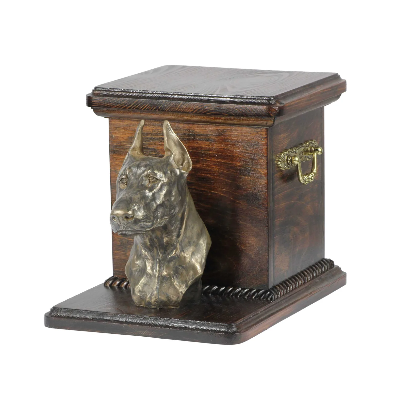 Elegante urn voor hond met beeldje van Dobermann