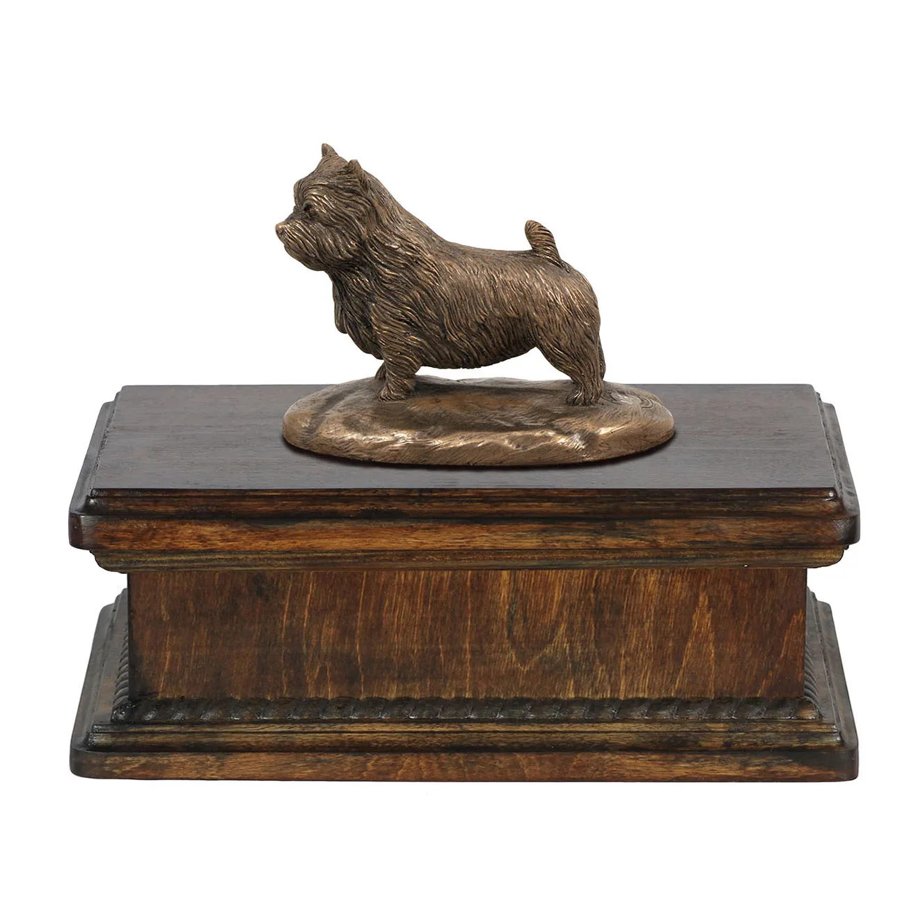 Elegante urn voor Norwich Terrier as met beeldje