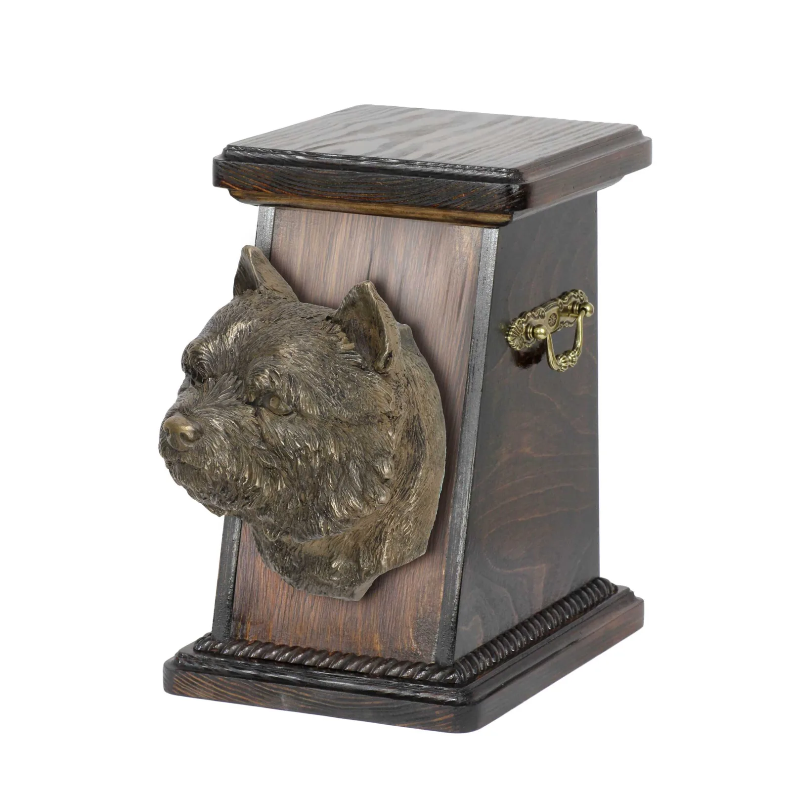 Elegante urn voor Norwich Terrier as met hondenbuste ter nagedachtenis