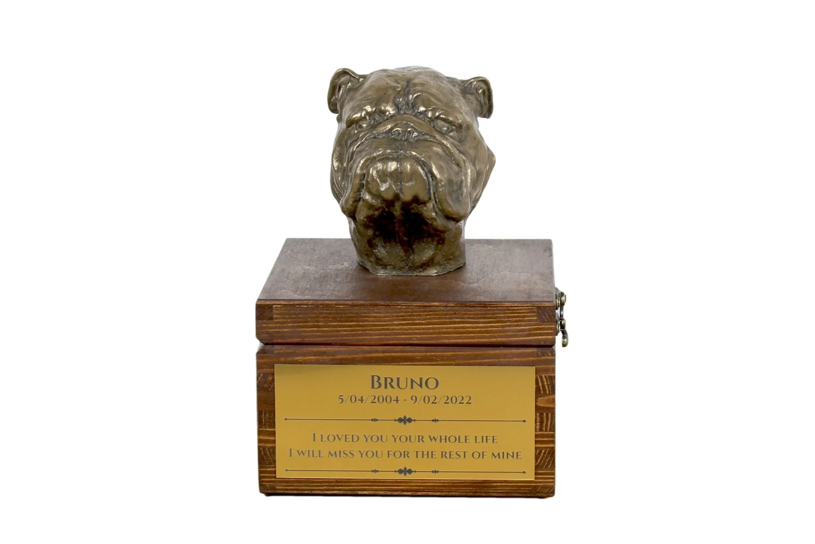 Engelse Bulldog urn met beeldje – gepersonaliseerde hondenurn