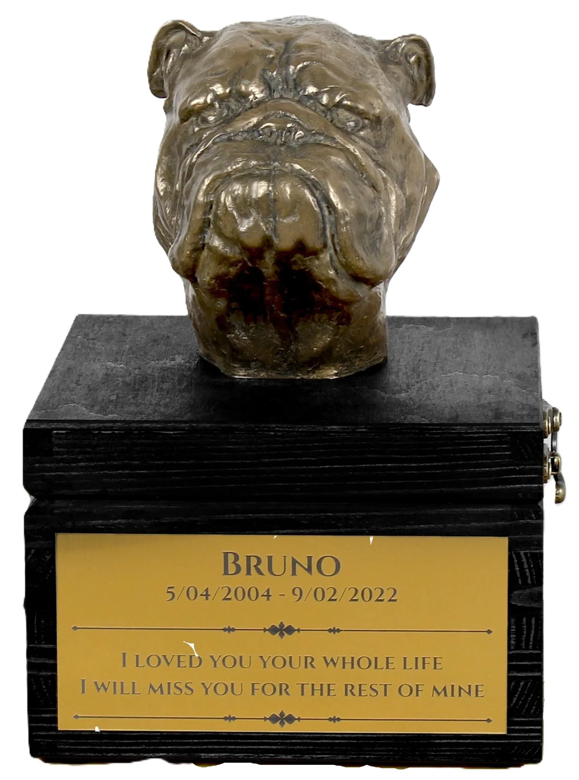 Engelse Bulldog urn met gravure en handgemaakte hondensculptuur