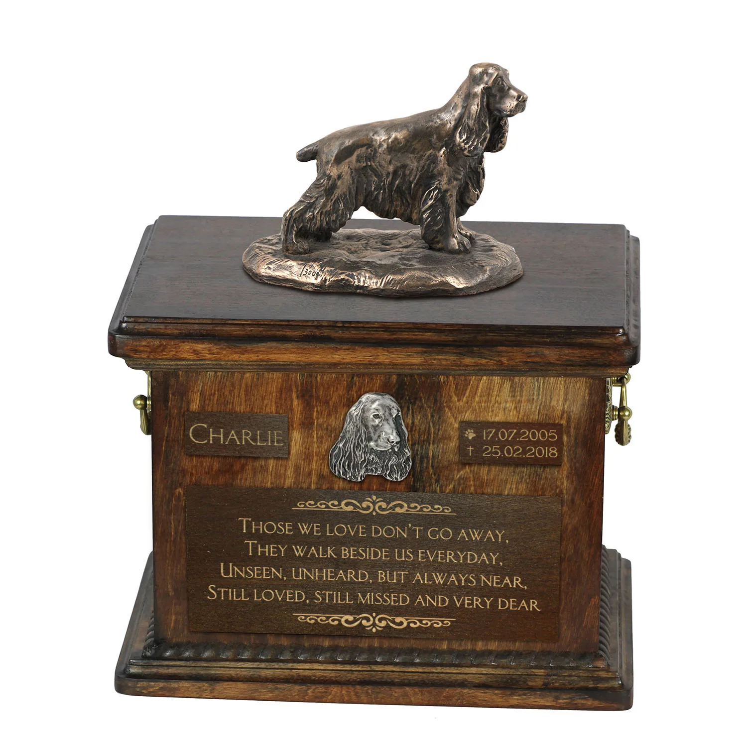 Engelse Cocker Spaniel urn met beeldje – gepersonaliseerde hondenurn