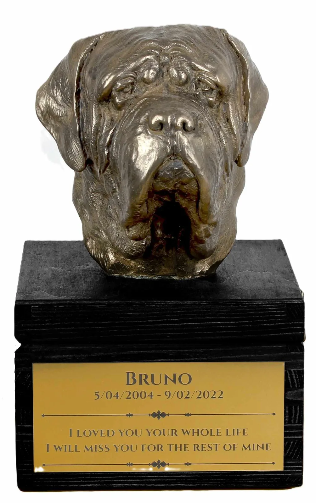 Engelse Mastiff urn met gravure en hondensculptuur, handgemaakt.