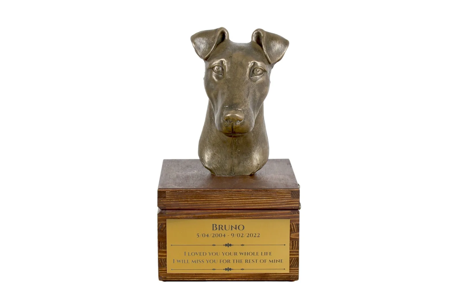 Fox Terrier Smooth – persoonlijke urn met hondenstandbeeld voor as
