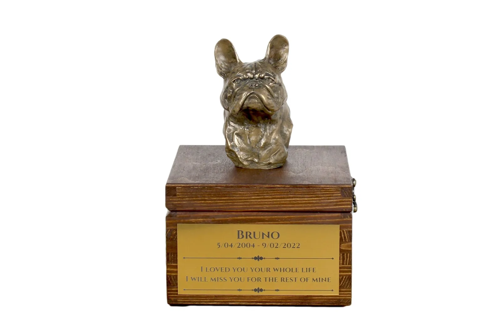 Franse Bulldog urn met beeldje – gepersonaliseerde hondenurn