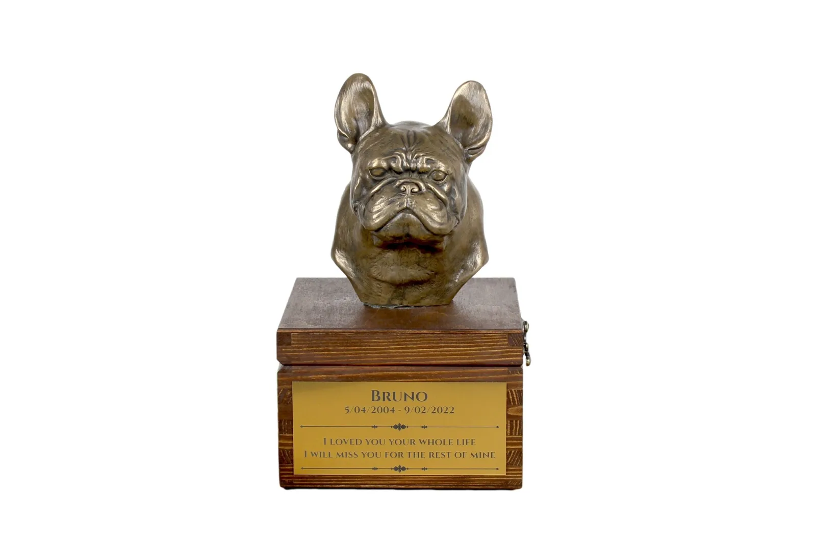 Franse Bulldog urn met beeldje – gepersonaliseerde hondenurn