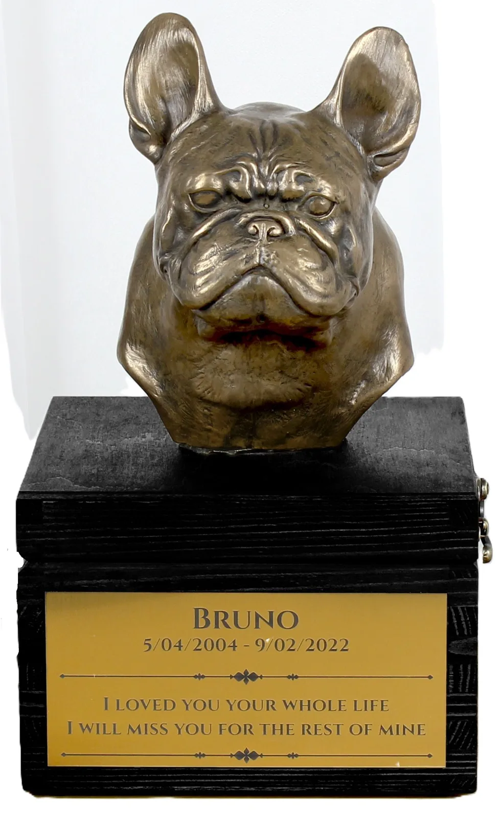 Franse Bulldog urn met gravure en sculptuur – handgemaakt kunstwerk