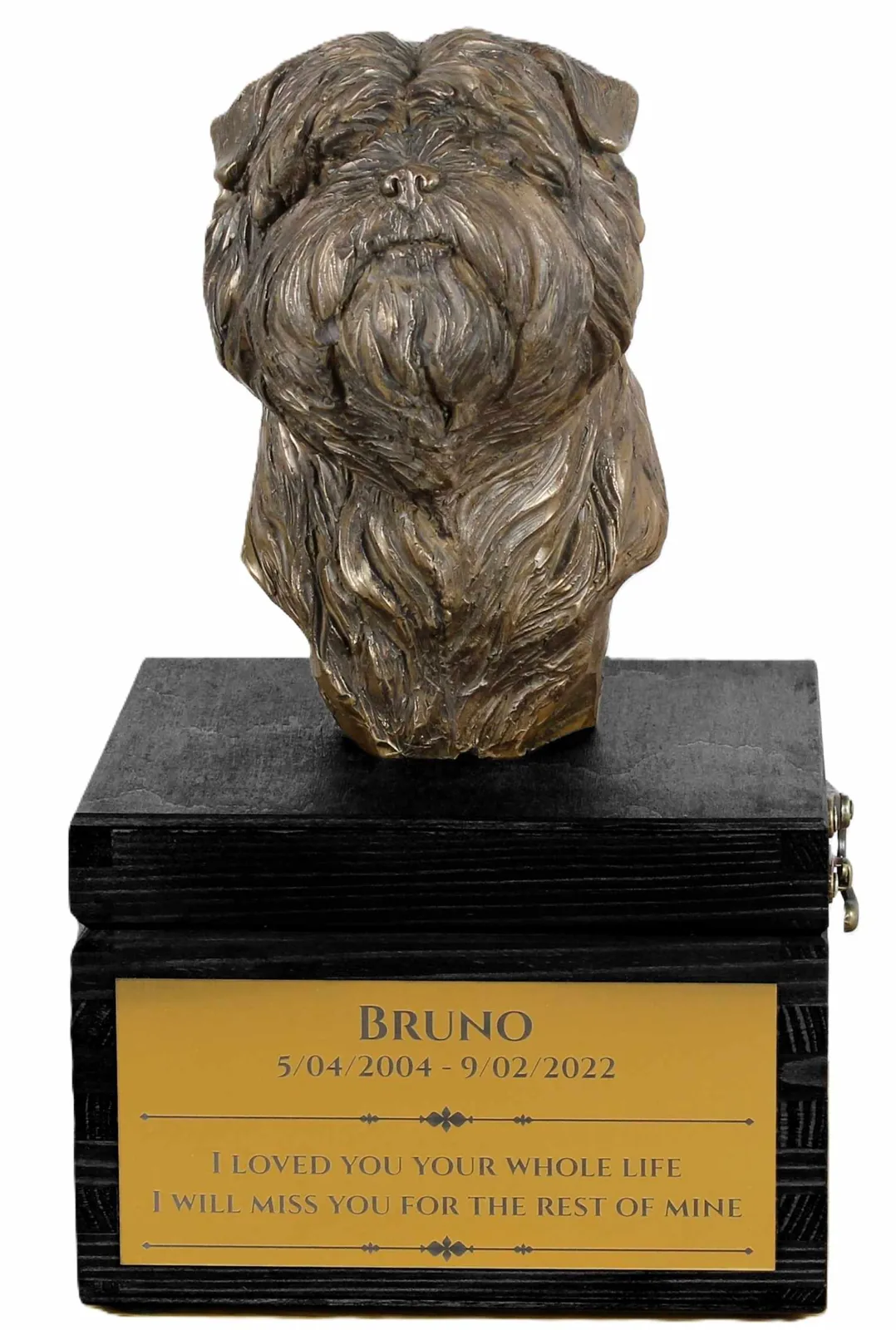 Handgemaakte urn Affenpinscher met hondensculptuur en gravure