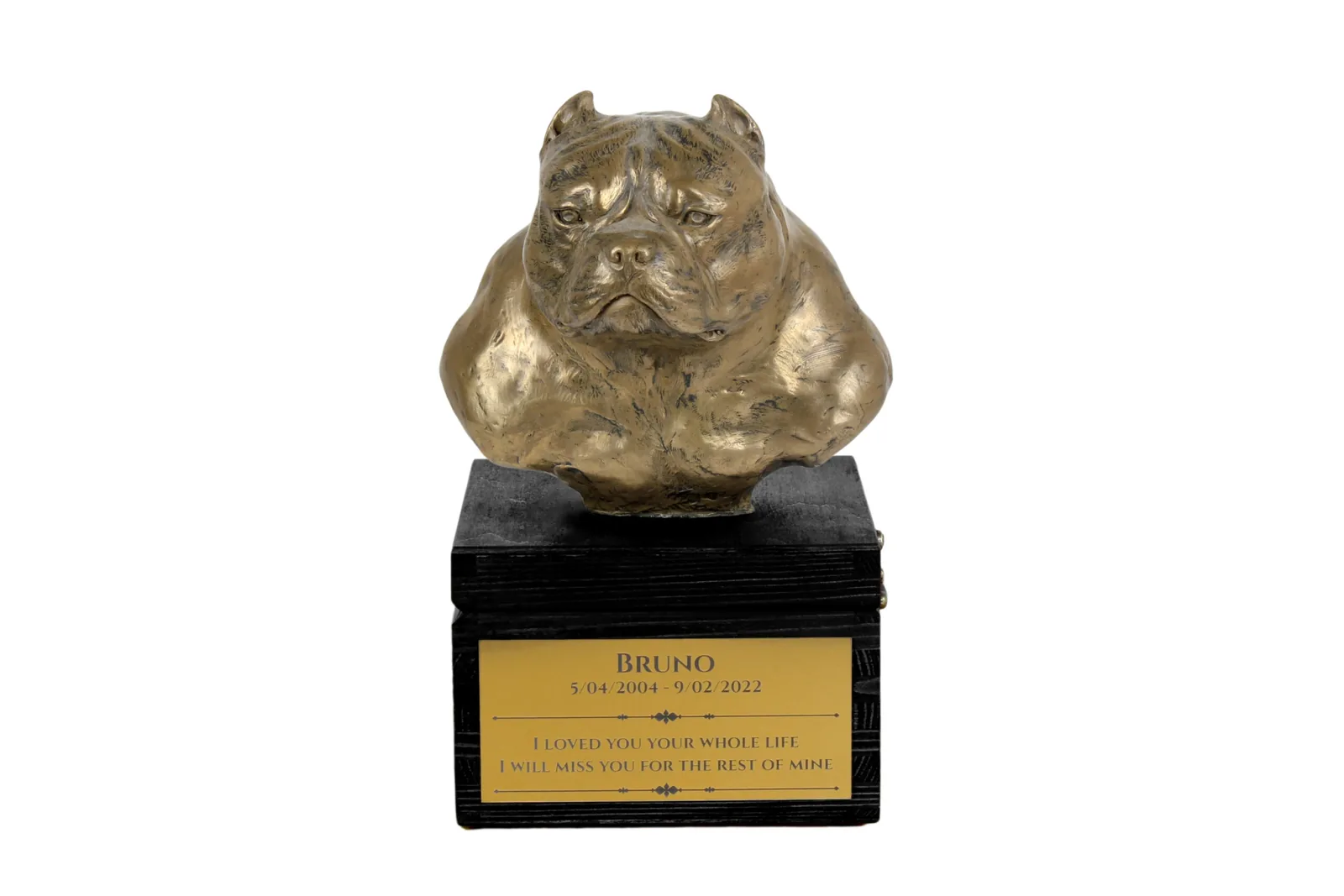 Handgemaakte urn American Bully met hondensculptuur en gravure