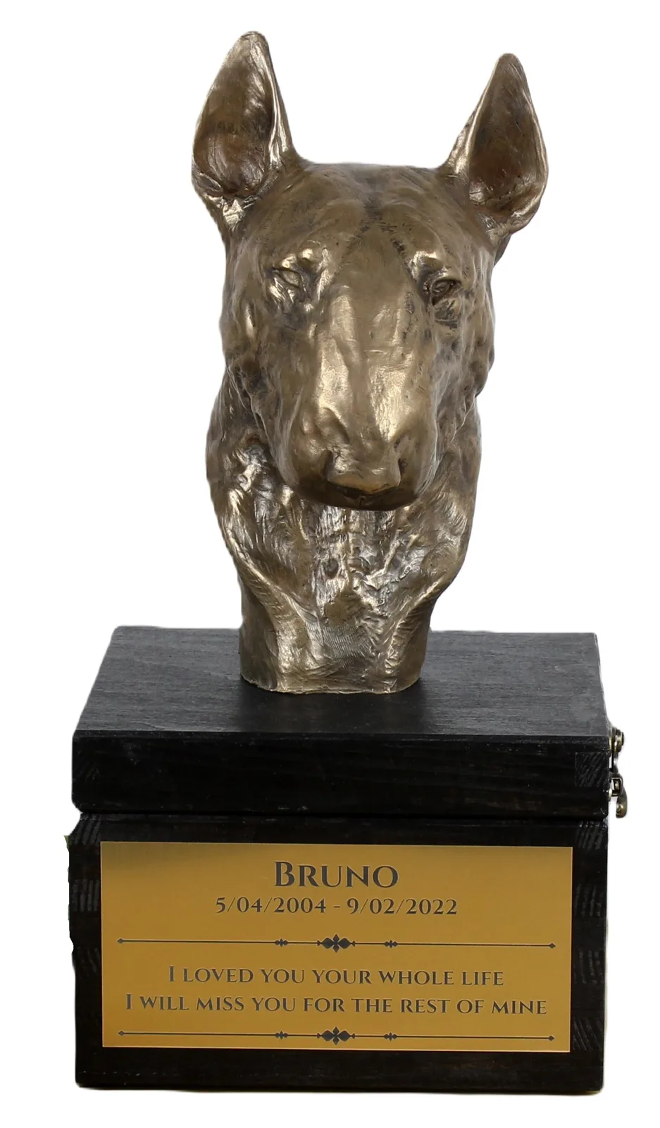 Handgemaakte urn met beeld en gravure van Bull Terrier hond