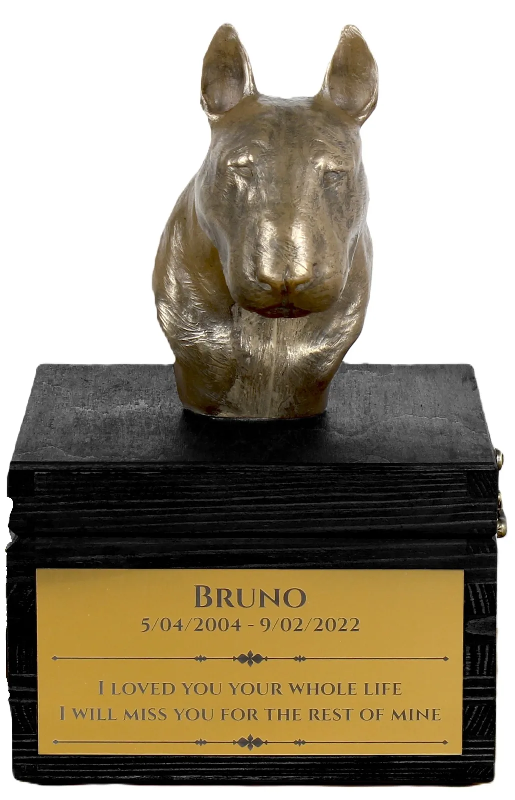 Handgemaakte urn met beeld en gravure van Bull Terrier