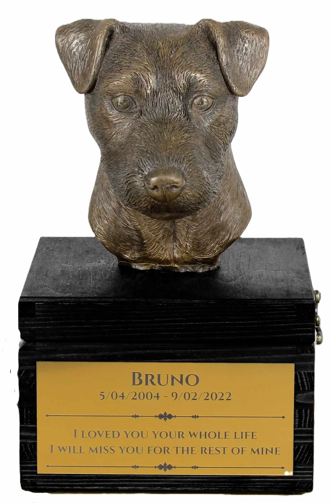 Handgemaakte urn met gravure en sculptuur van Jack Russell Terrier