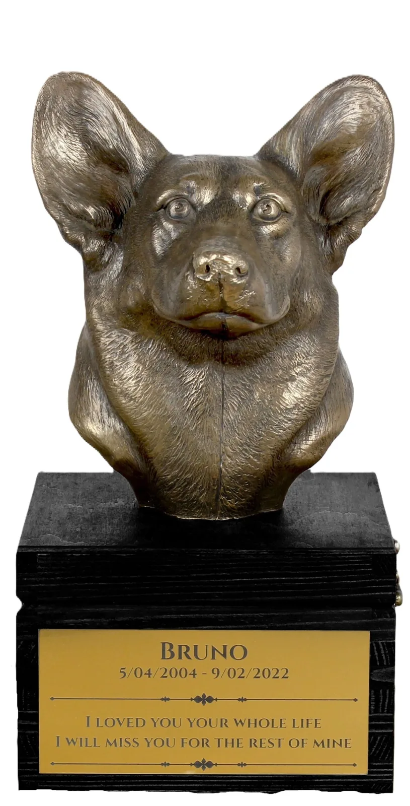 Handgemaakte urn met gravure en sculptuur van Pembroke Welsh Corgi