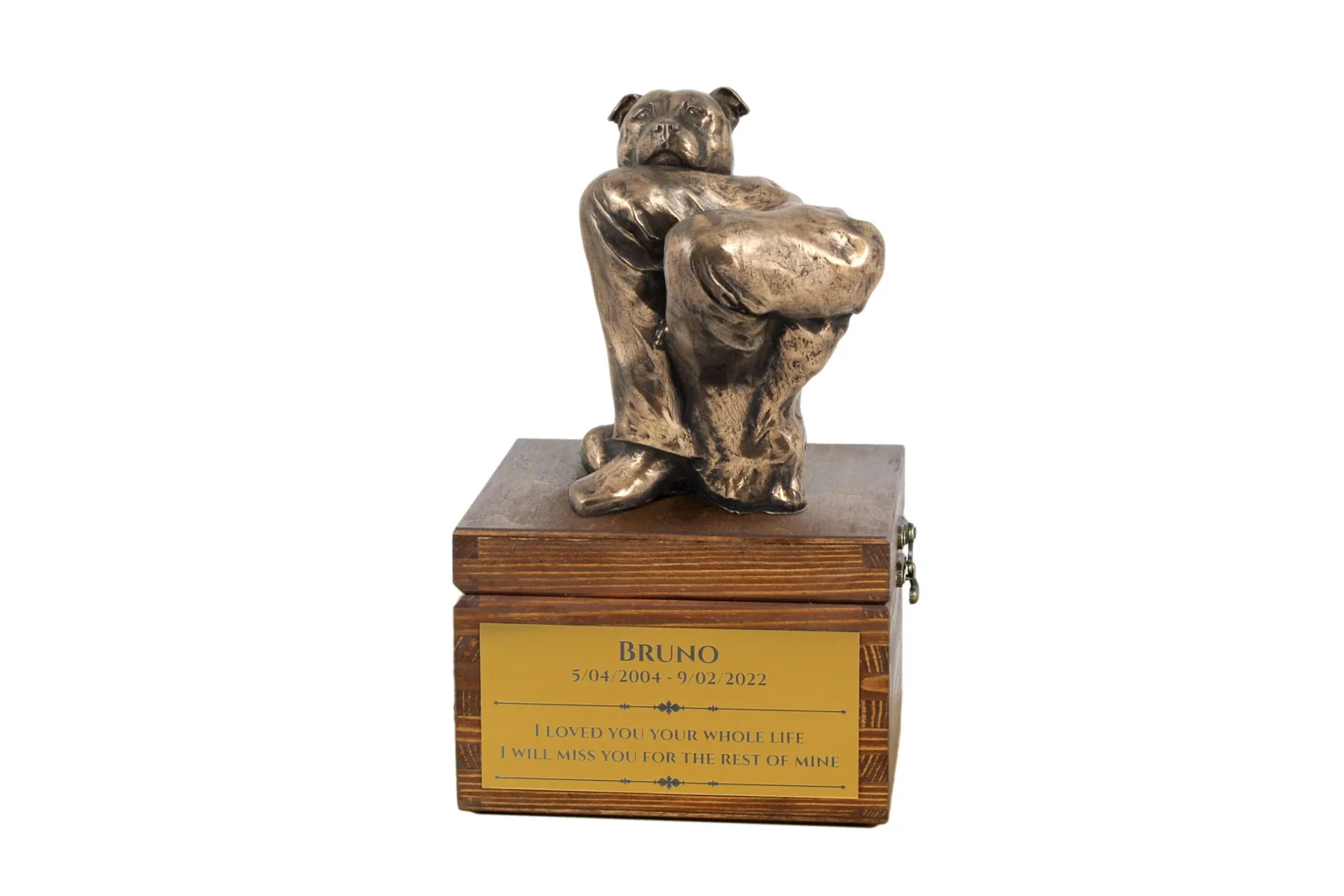 Handgemaakte urn Staffordshire Bull Terrier met hondensculptuur en gravure