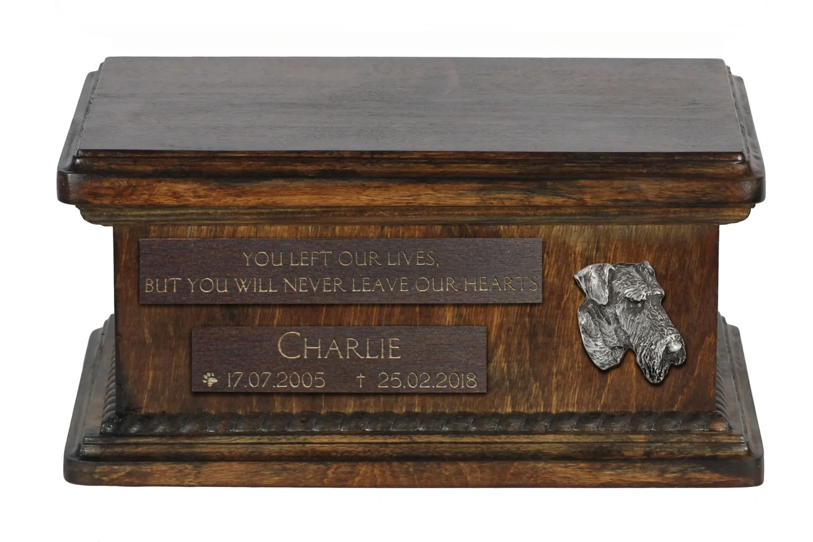 Houten urn voor Airedale en Bingley Terrier – gepersonaliseerd met gravure