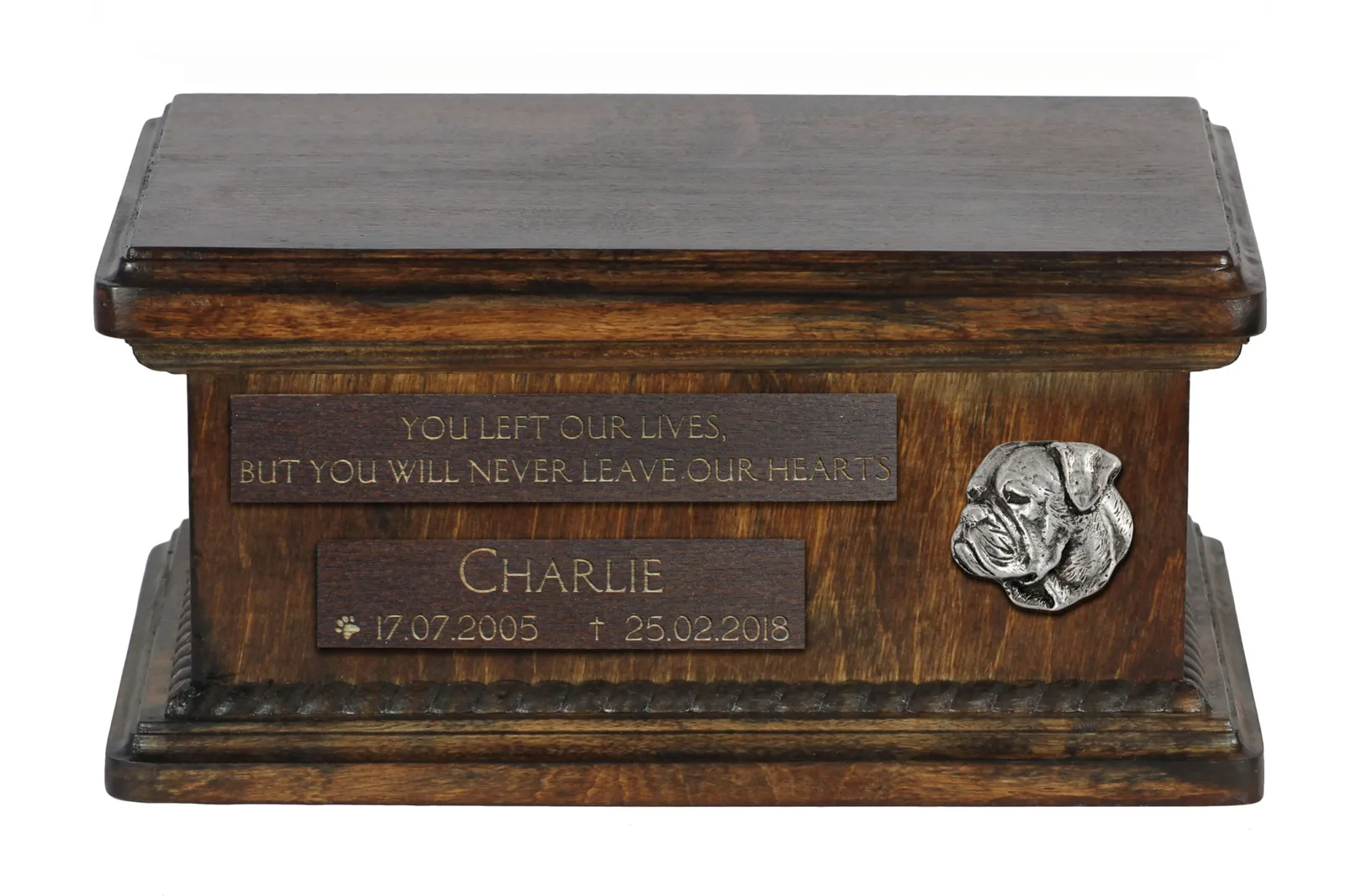 Houten urn voor American Bulldog en Old Country Bulldog met gravure