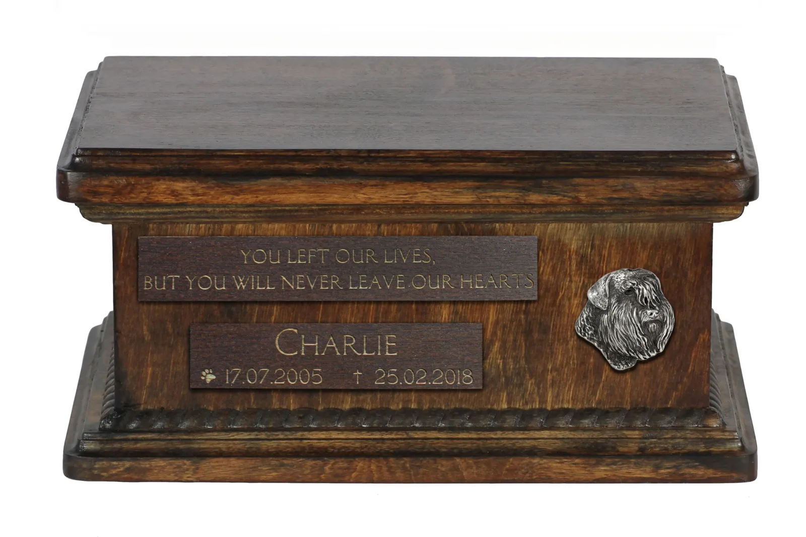Houten urn voor Bouvier des Flandres – gepersonaliseerd met gravure