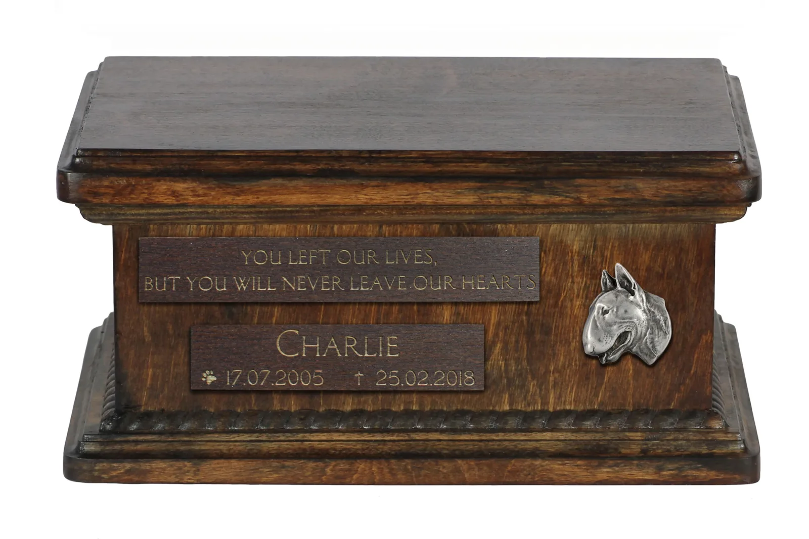 Houten urn voor Bull Terrier as, gepersonaliseerd met gravure