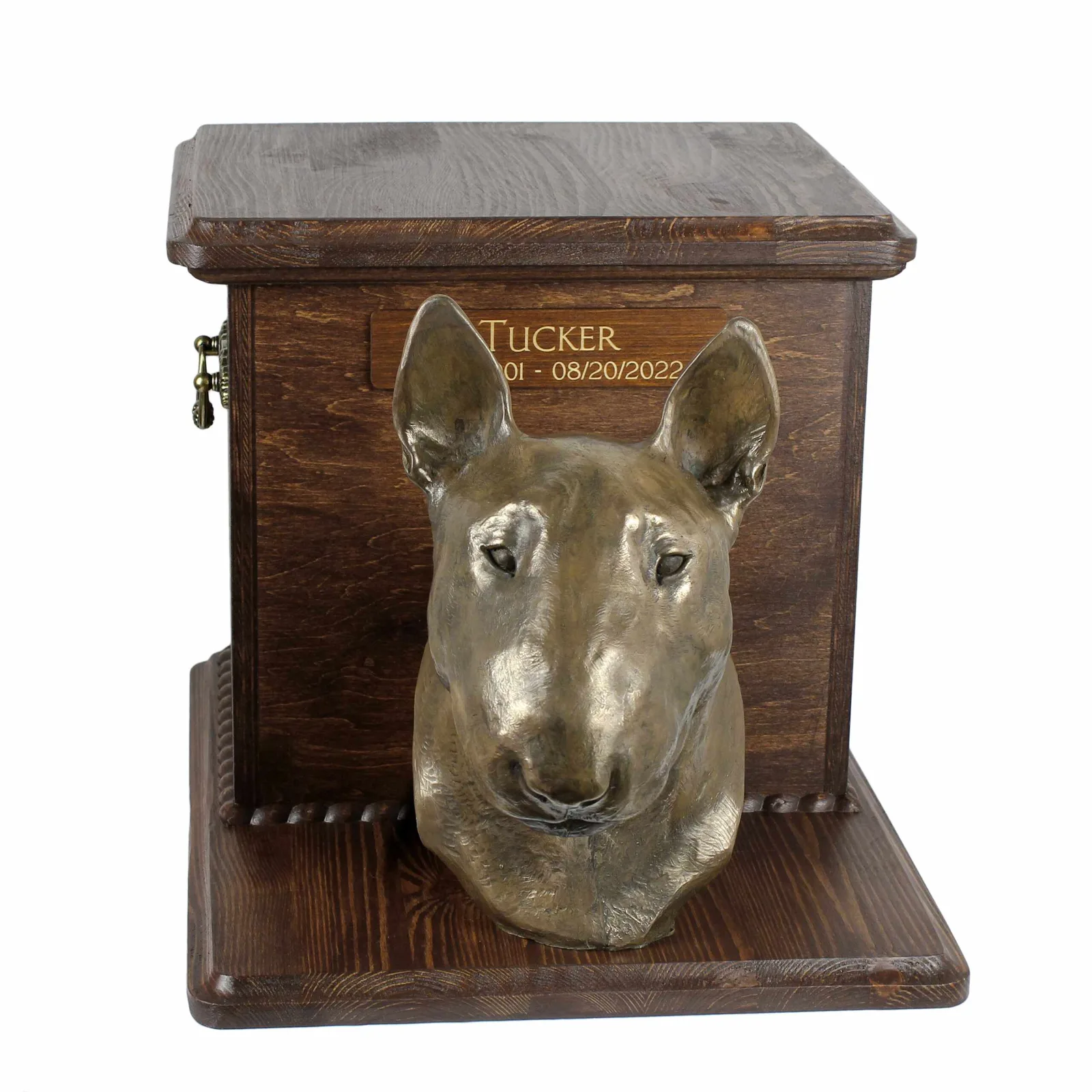 Houten urn voor Bull Terrier as, met hondenkop en stijlvolle afwerking