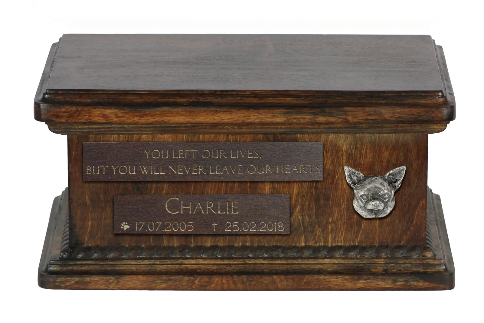 Houten urn voor Chihuahua as, gepersonaliseerd met gravure