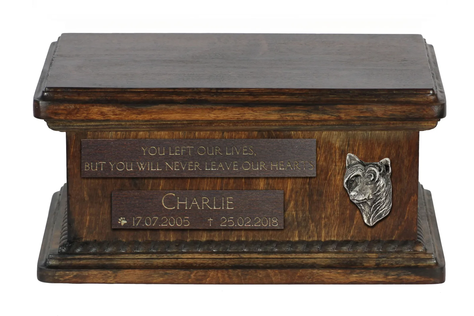 Houten urn voor Chinese Crested Dog, gepersonaliseerd met gravure