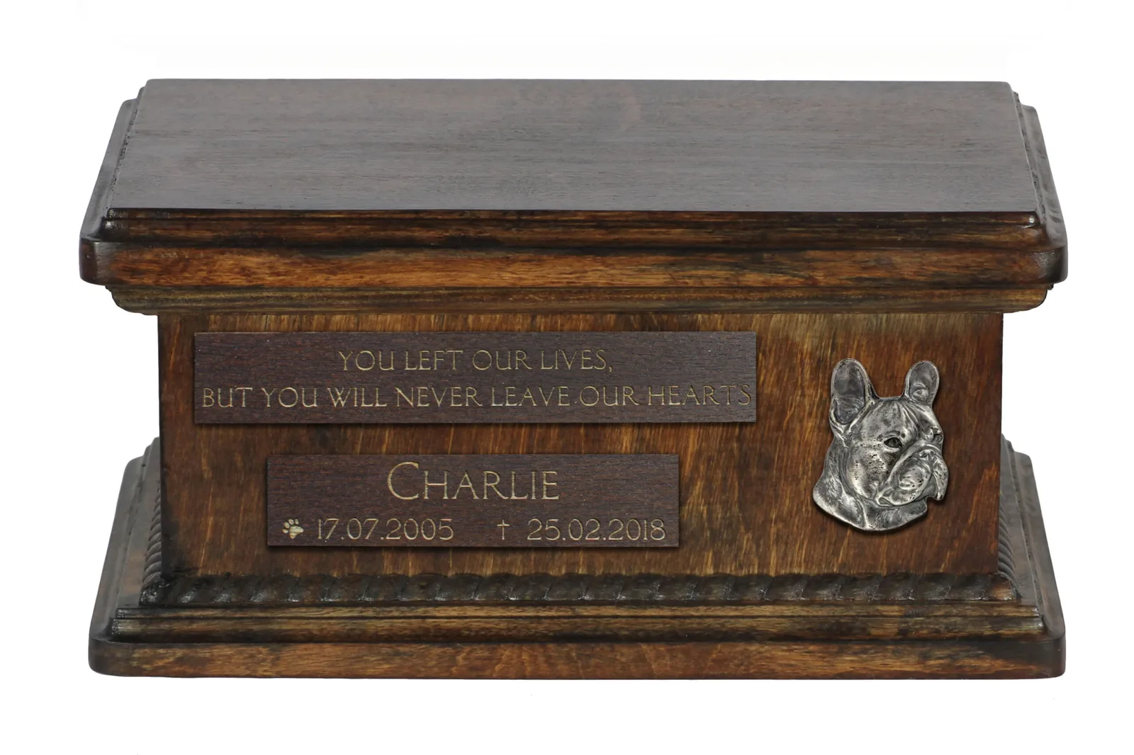 Houten urn voor Franse Bulldog – gepersonaliseerd met gravure