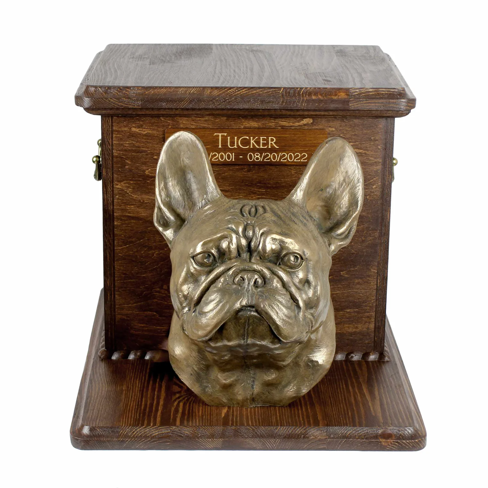 Houten urn voor Franse Bulldog – grote urn met hondenkop voor as