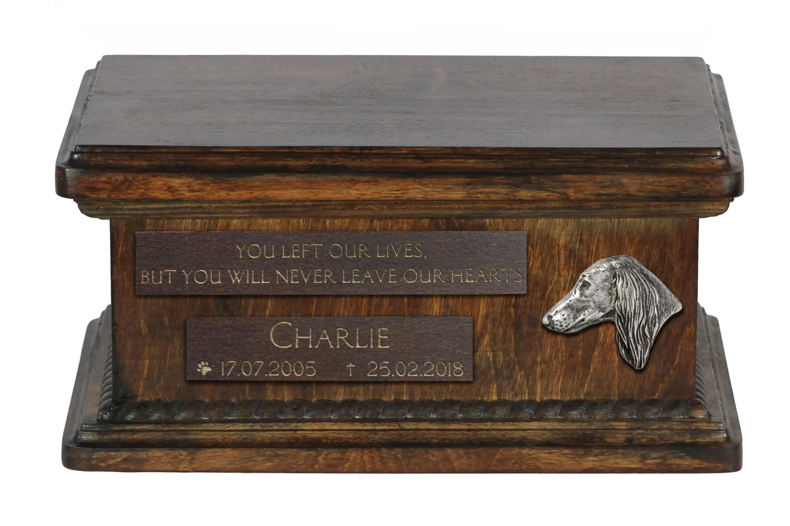 Houten urn voor hondenas – Saluki, Perzische Greyhound, Arabische hond, Gazellehond