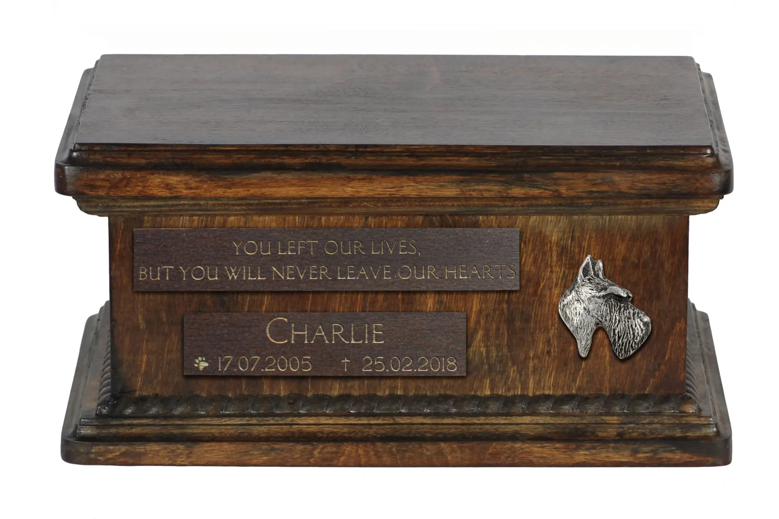 Houten urn voor hondenas van Scottish Terrier met persoonlijke gravure