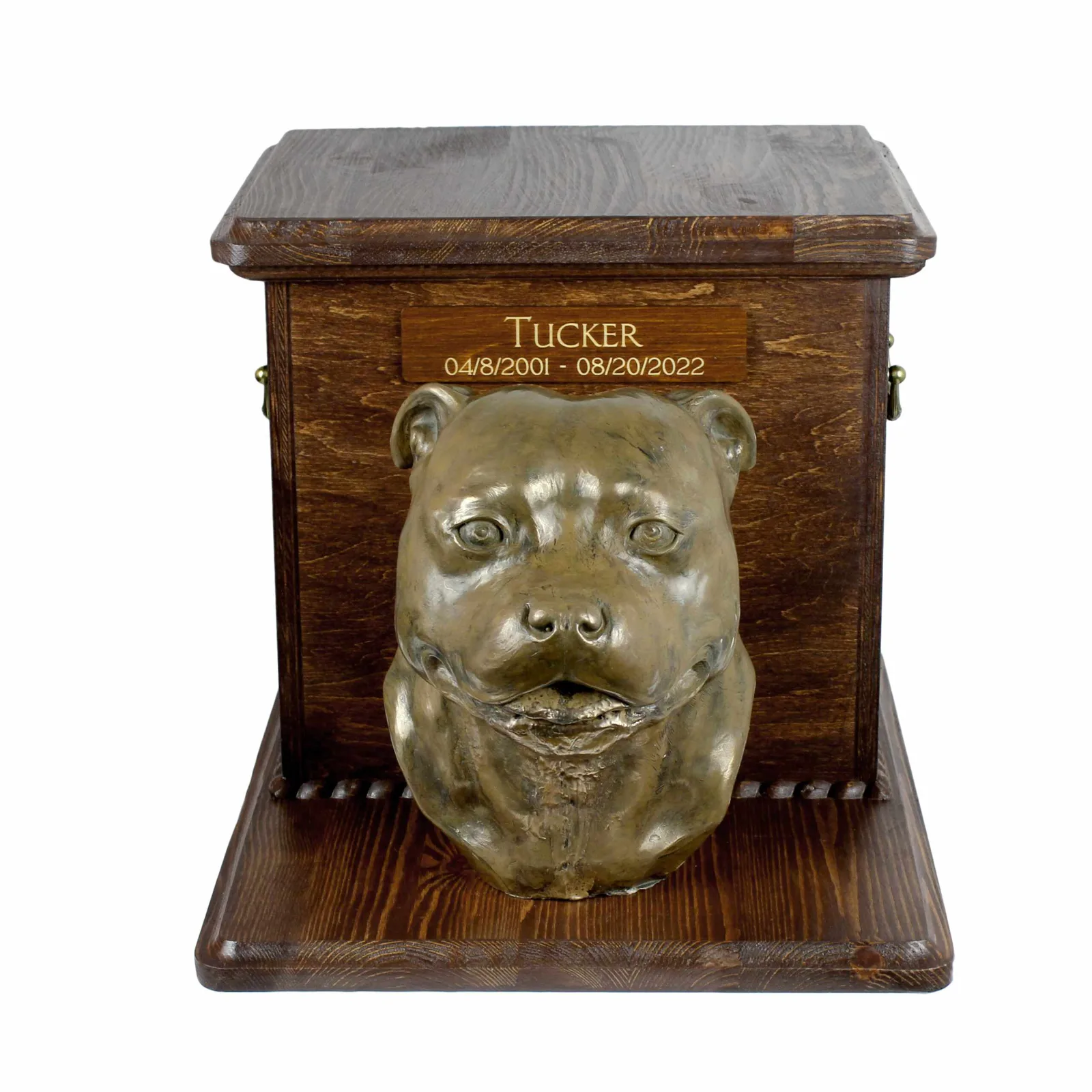 Houten urn voor Staffordshire Bull Terrier as, met hondenkop ontwerp
