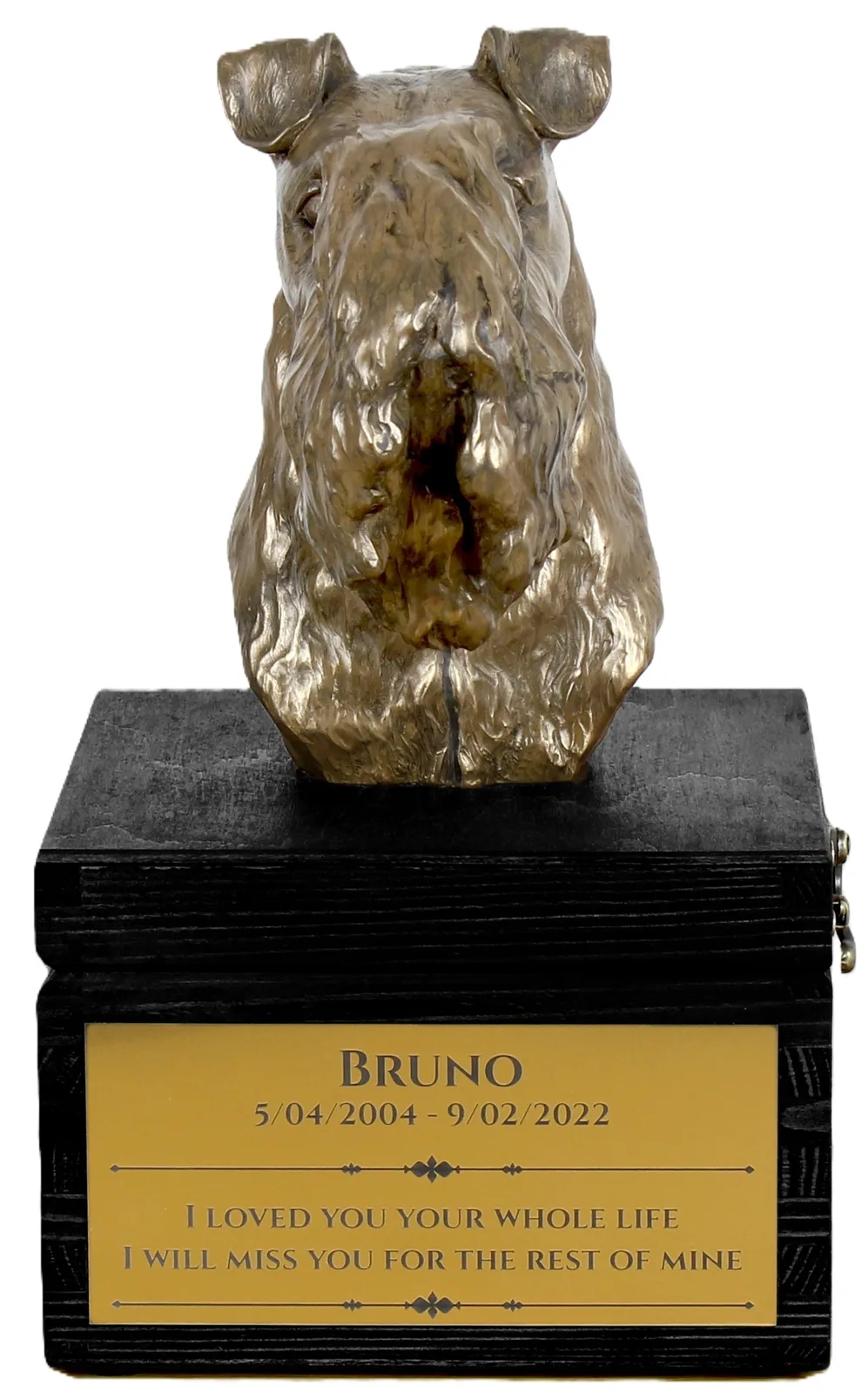 Kerry Blue Terrier urn met gravure en hondensculptuur, handgemaakt