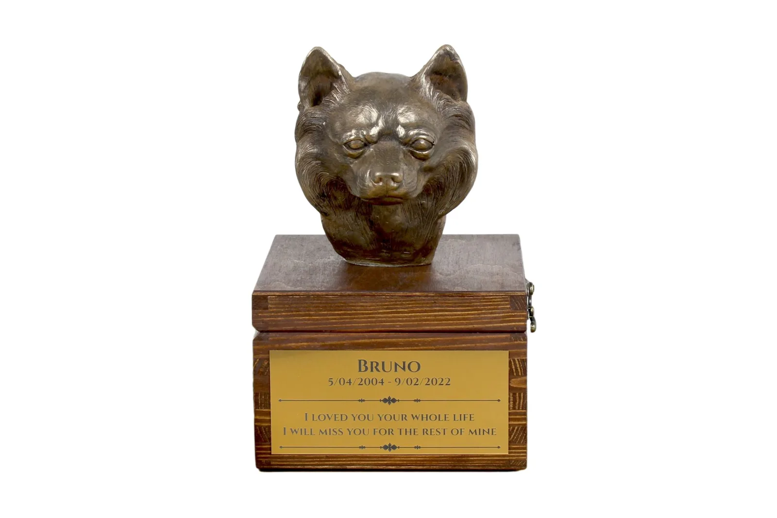 Langharige Chihuahua urn met hondenbeeldje – gepersonaliseerde hondenurn