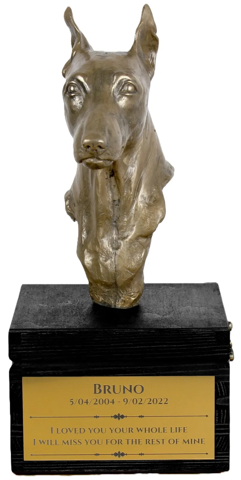 Miniatuur Pinscher urn met gravure en hondensculptuur, handgemaakt