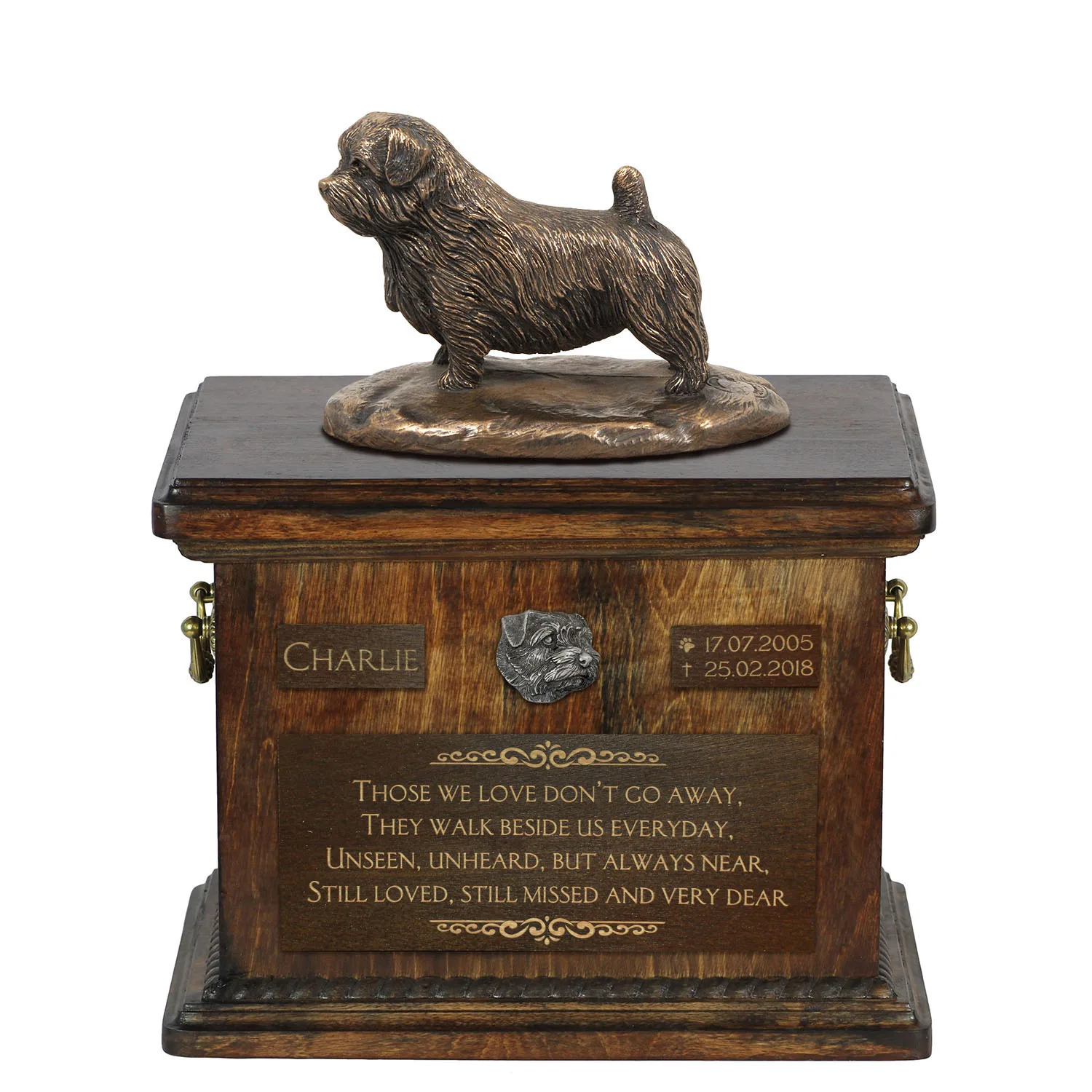 Norfolk Terrier urn met beeldje – gepersonaliseerde urn voor hondenas
